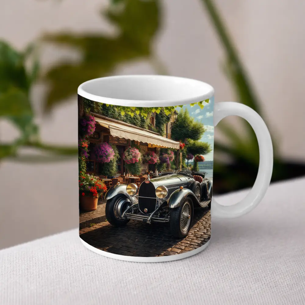 Vintage Bugatti Classic Car Cobblestone Street – Mugs