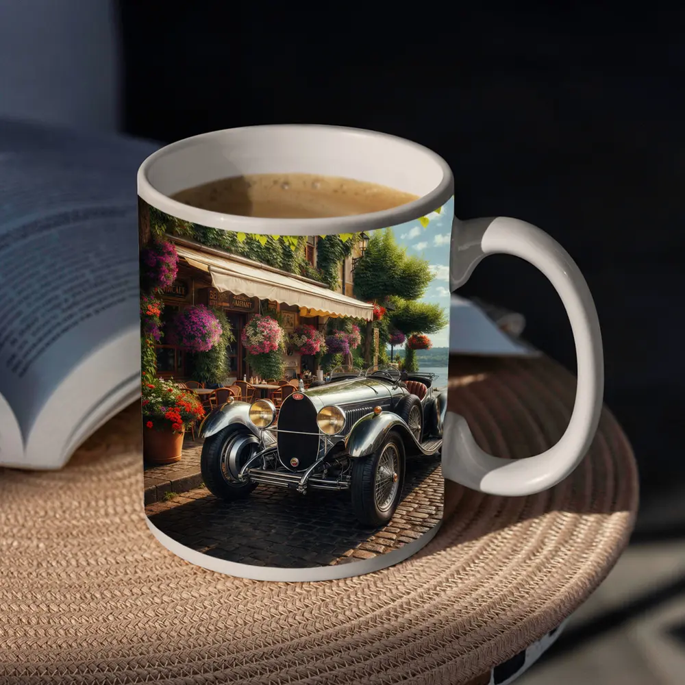 Vintage Bugatti Classic Car Cobblestone Street – Mugs