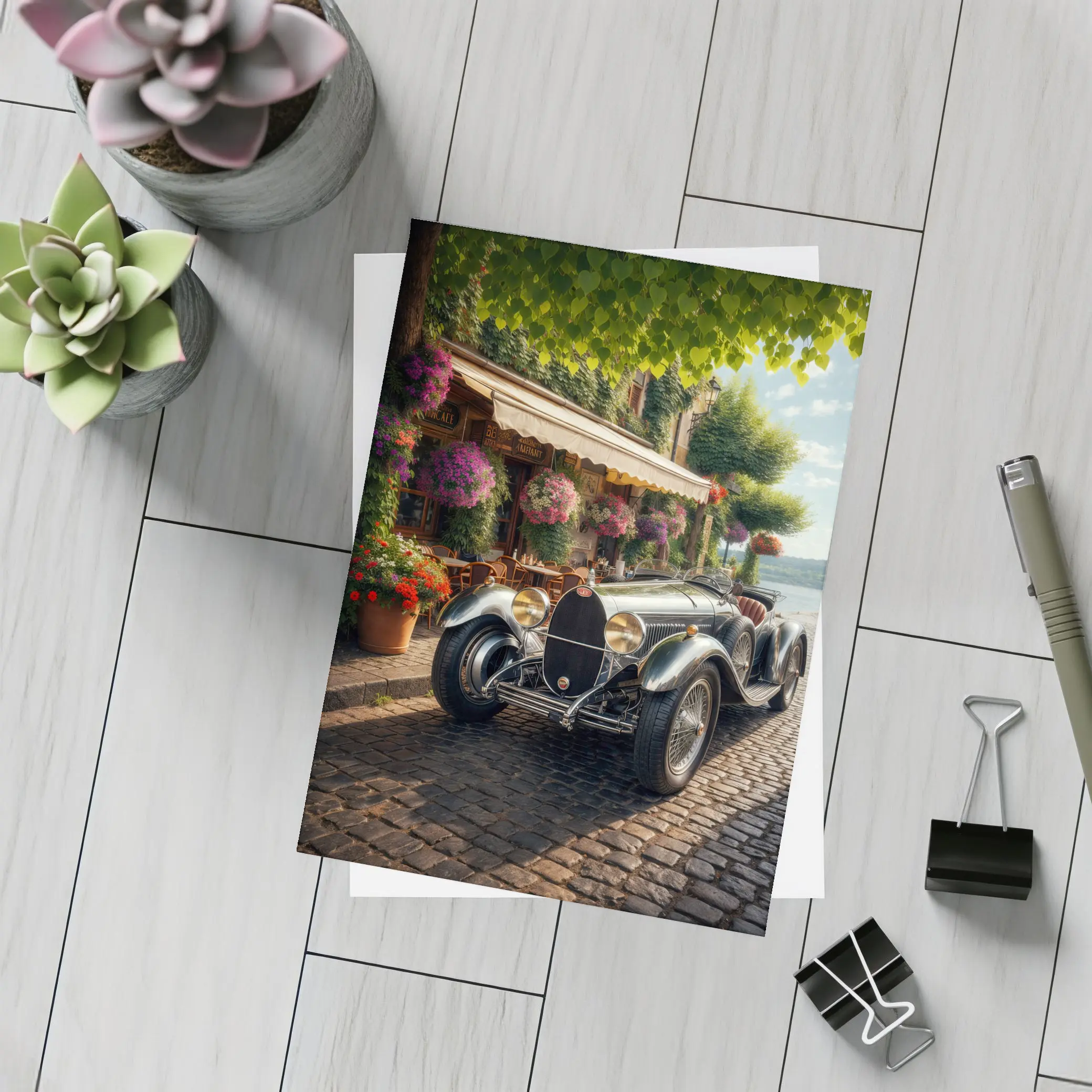 Vintage Bugatti Classic Car Cobblestone Street – Postcards