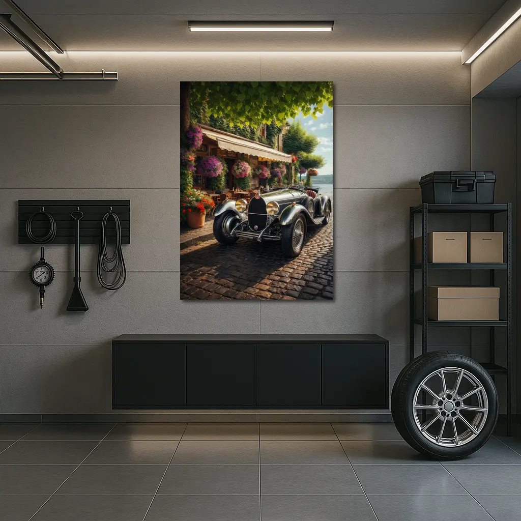 Vintage Bugatti Classic Car Cobblestone Street – Wall Art