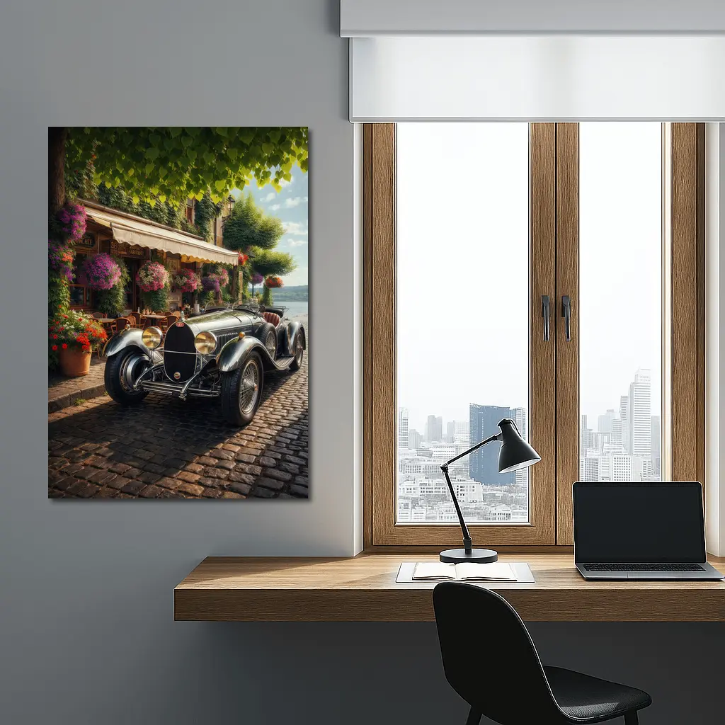 Vintage Bugatti Classic Car Cobblestone Street – Wall Art