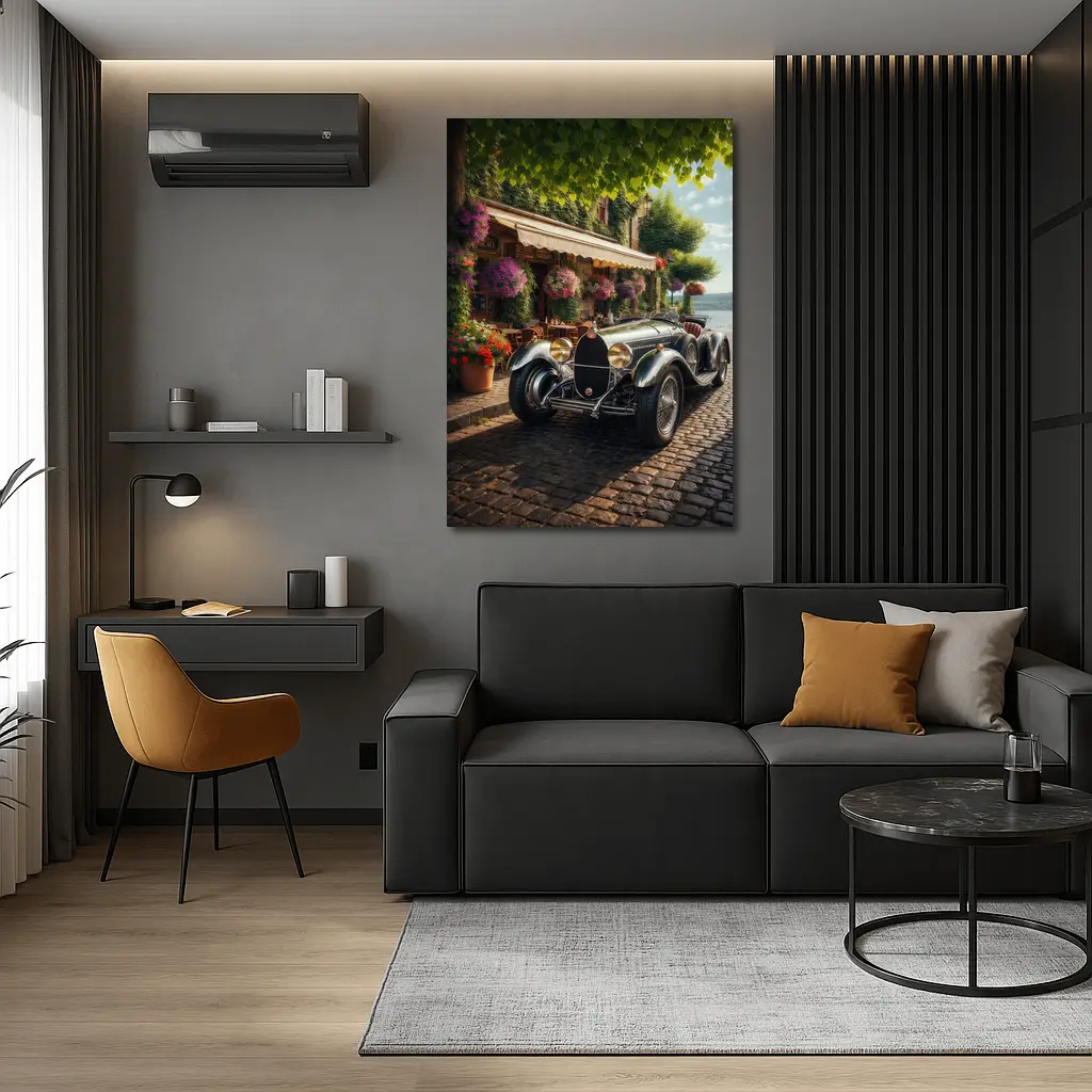 Vintage Bugatti Classic Car Cobblestone Street – Wall Art