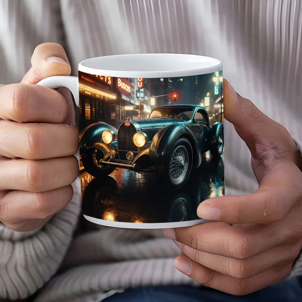 Vintage Bugatti Classic Car Rainy Night City – Mugs