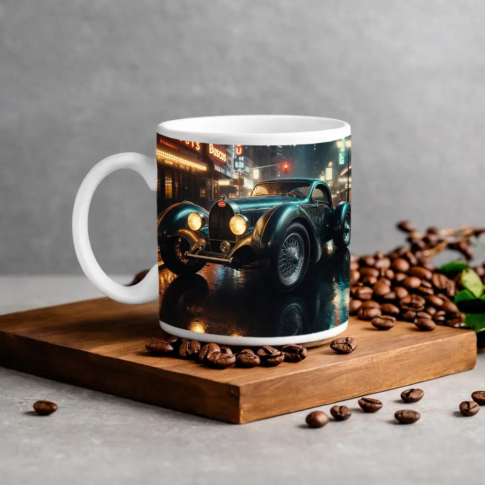 Vintage Bugatti Classic Car Rainy Night City – Mugs