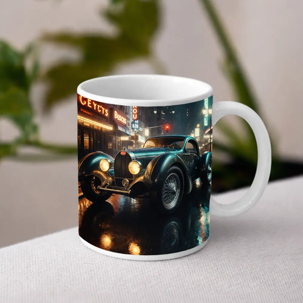 Vintage Bugatti Classic Car Rainy Night City – Mugs