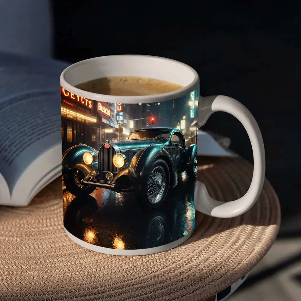 Vintage Bugatti Classic Car Rainy Night City – Mugs