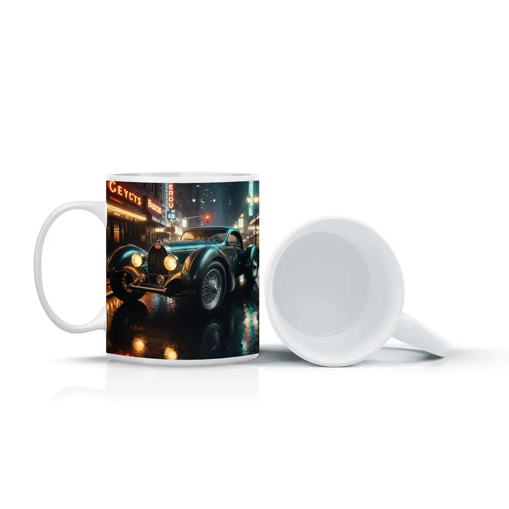 Vintage Bugatti Classic Car Rainy Night City – Mugs