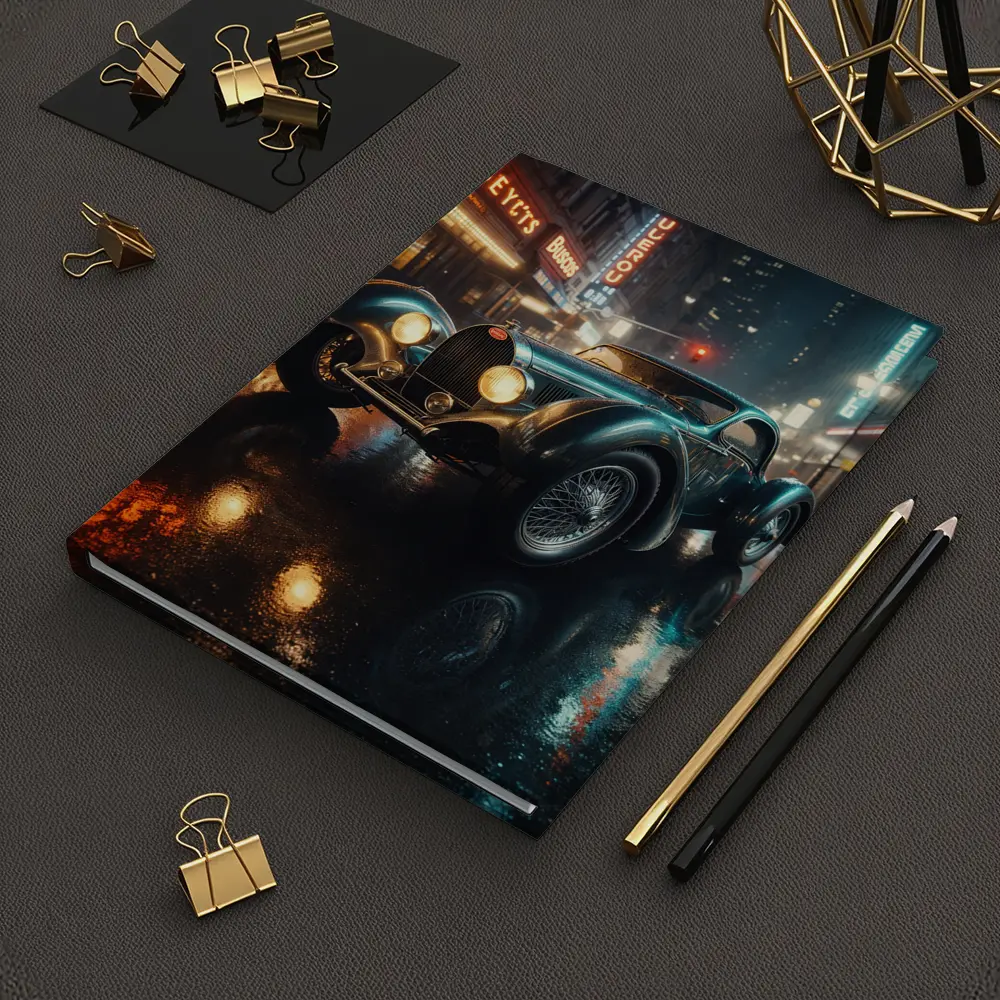 Vintage Bugatti Classic Car Rainy Night City – Notebooks