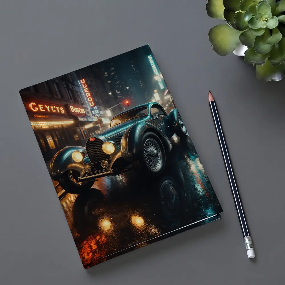 Vintage Bugatti Classic Car Rainy Night City – Notebooks