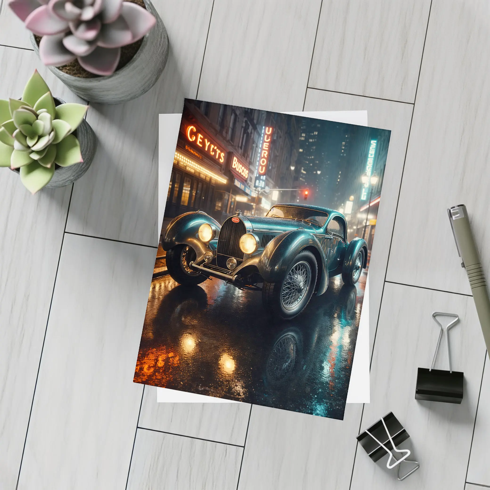 Vintage Bugatti Classic Car Rainy Night City – Postcards