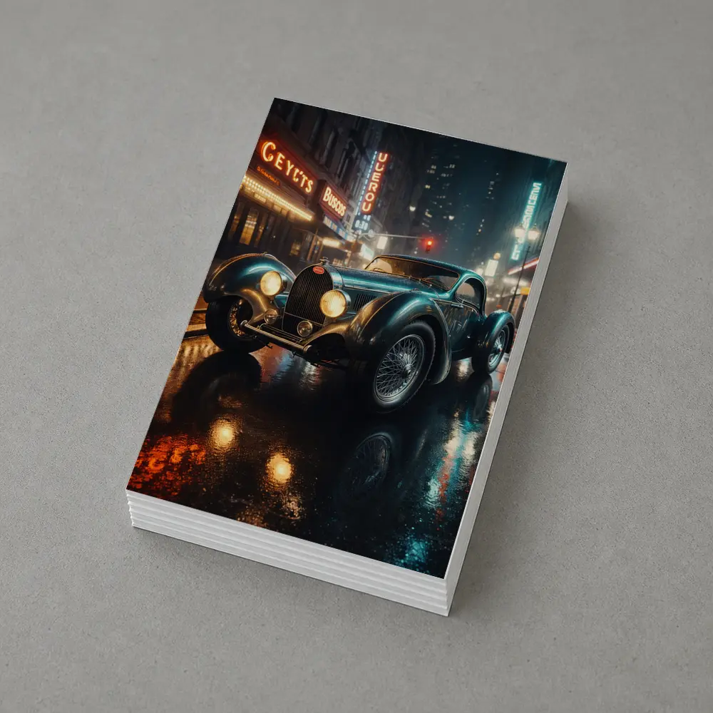 Vintage Bugatti Classic Car Rainy Night City – Postcards