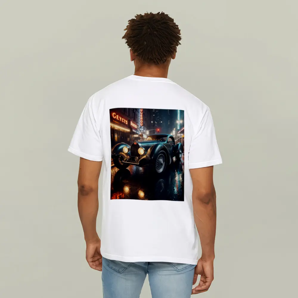Vintage Bugatti Classic Car Rainy Night City – T-Shirts