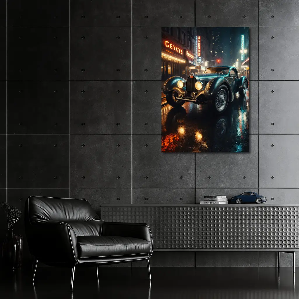 Vintage Bugatti Classic Car Rainy Night City – Wall Art