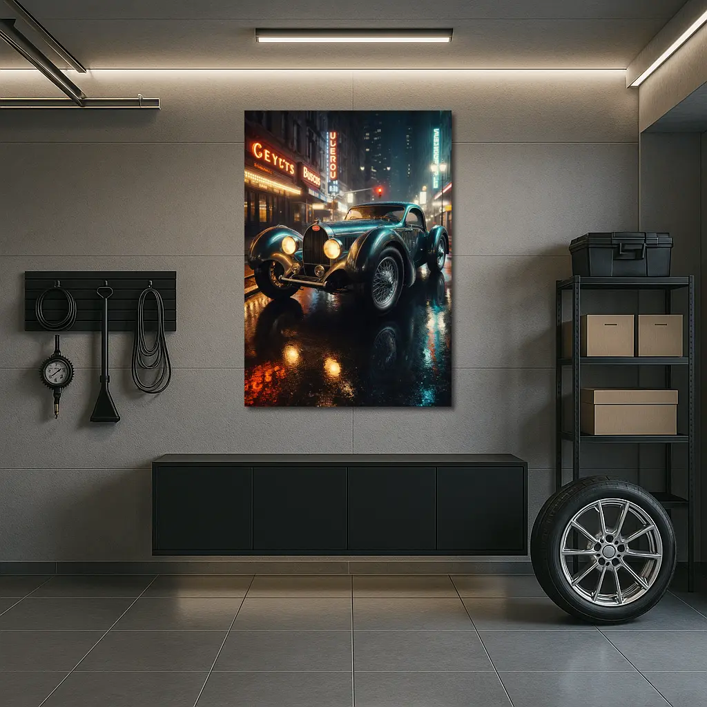 Vintage Bugatti Classic Car Rainy Night City – Wall Art