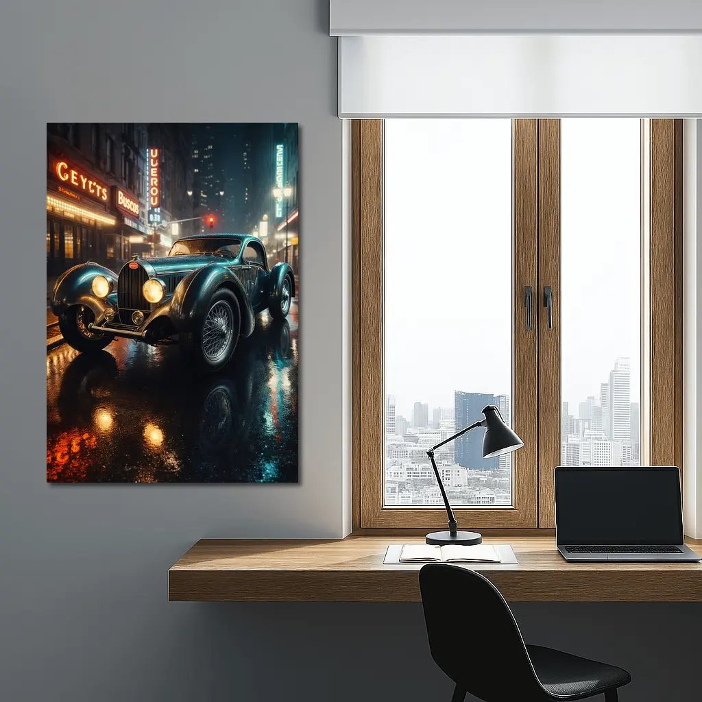 Vintage Bugatti Classic Car Rainy Night City – Wall Art