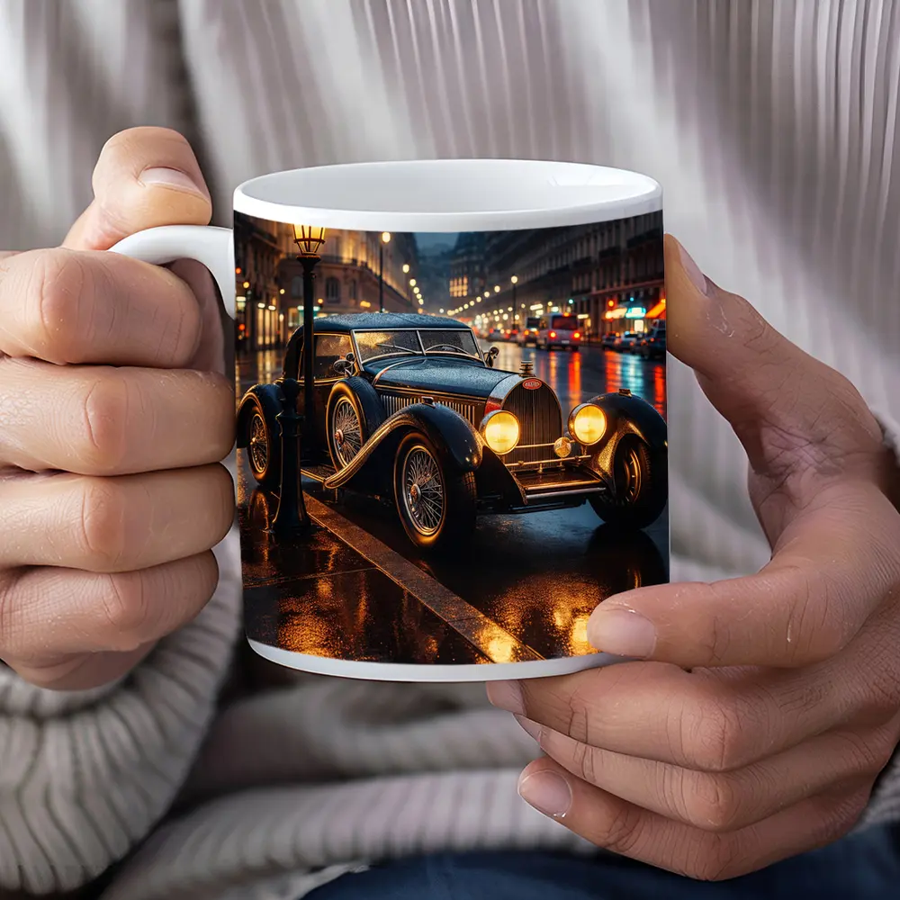 Vintage Bugatti Rainy Night City Street – Mugs