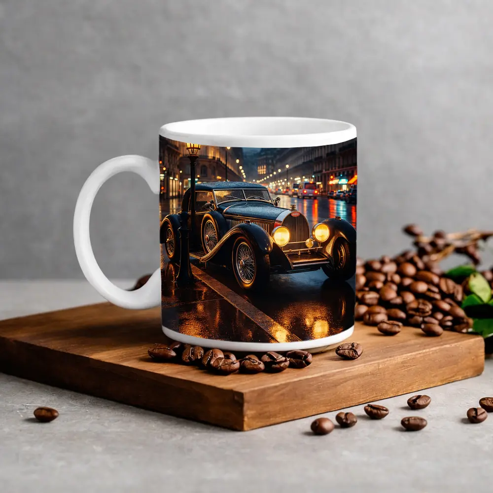 Vintage Bugatti Rainy Night City Street – Mugs