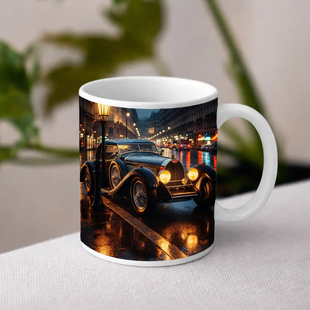 Vintage Bugatti Rainy Night City Street – Mugs