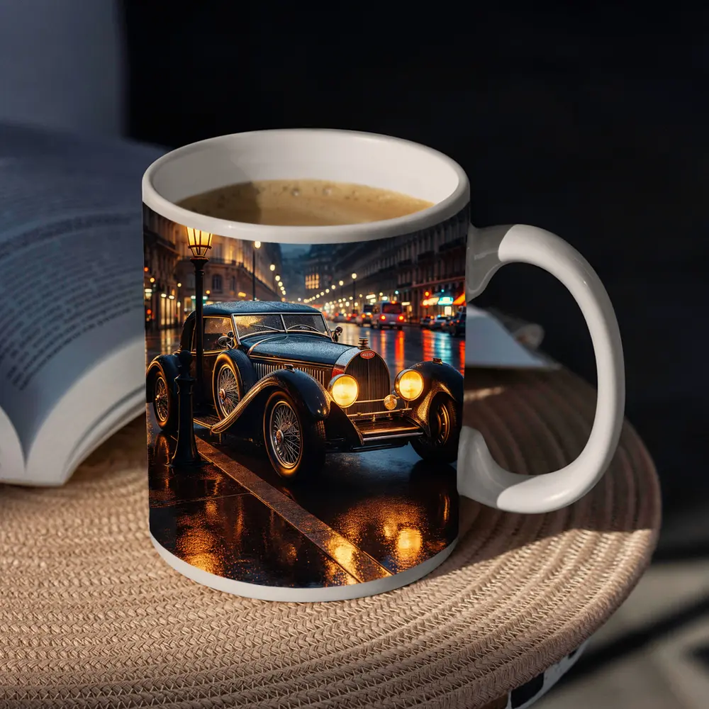 Vintage Bugatti Rainy Night City Street – Mugs
