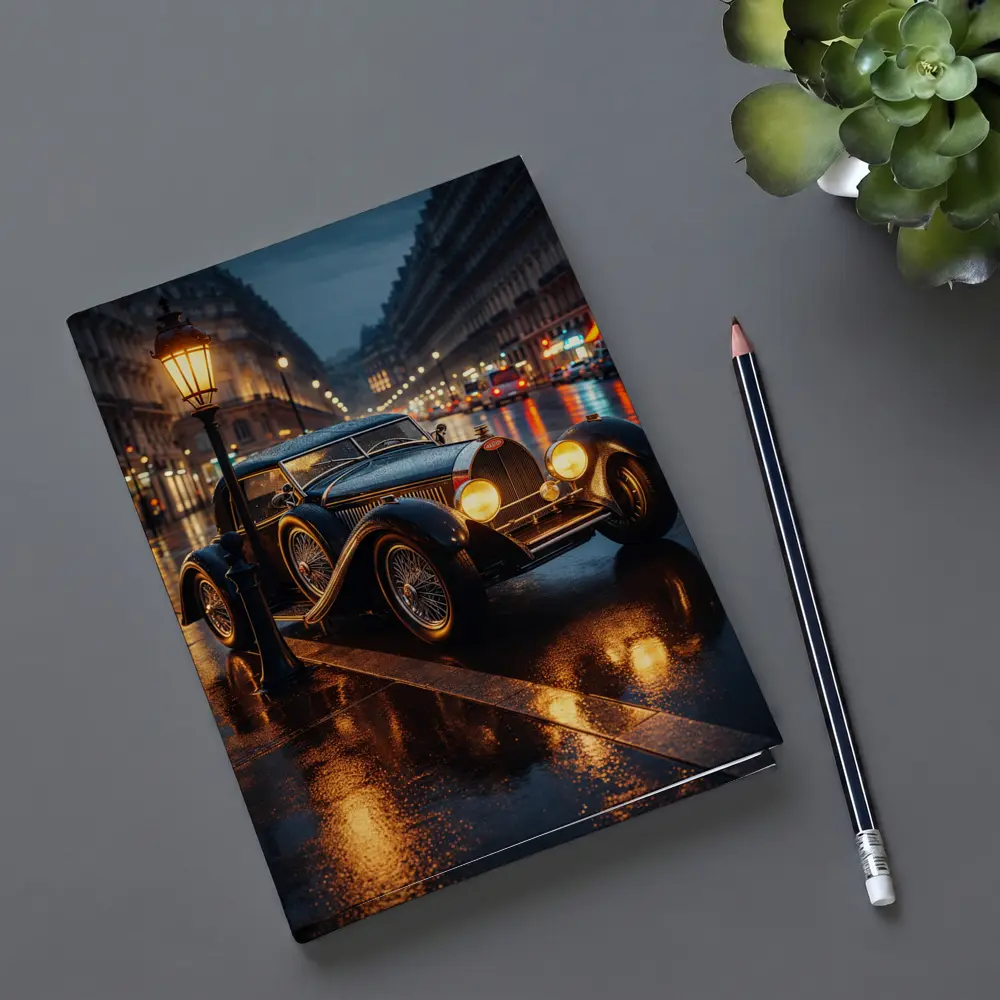 Vintage Bugatti Rainy Night City Street – Notebooks