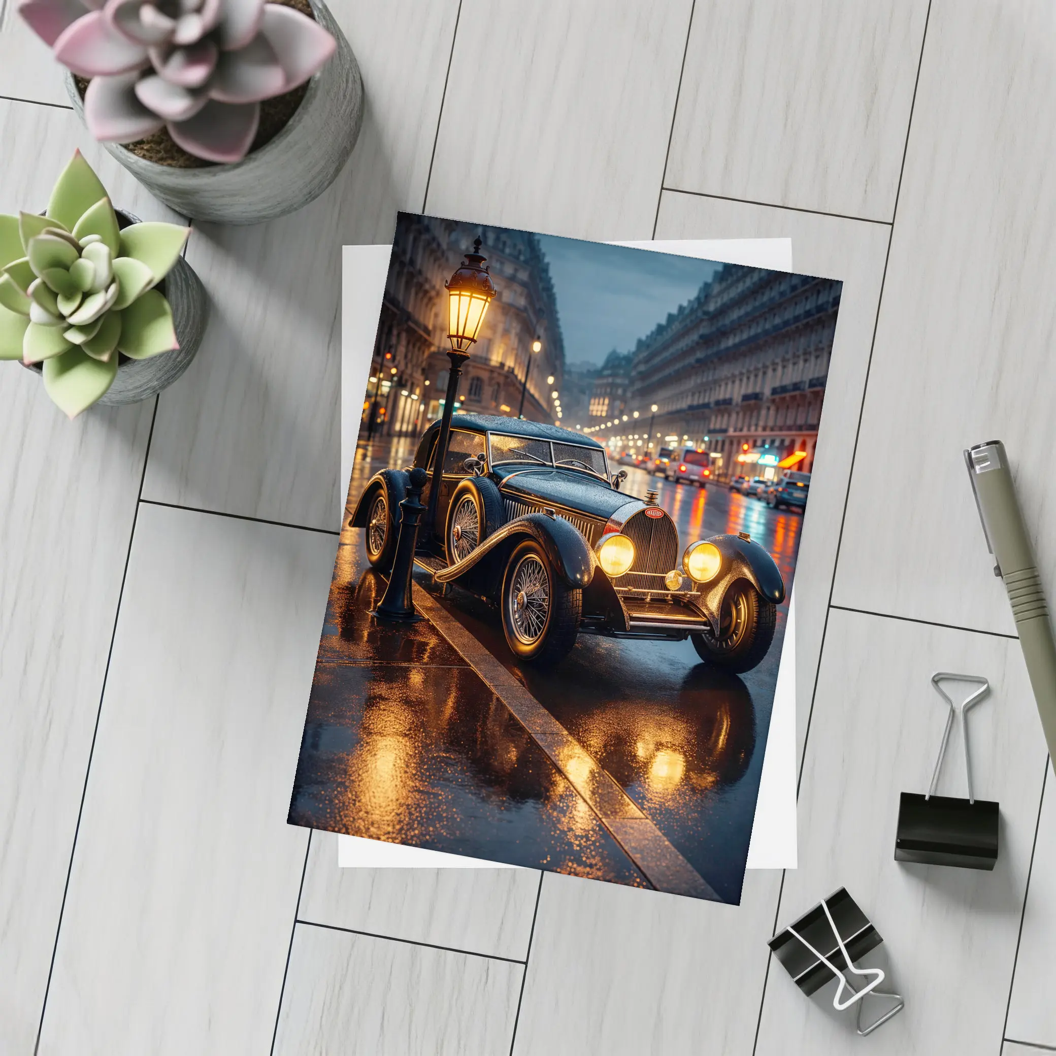 Vintage Bugatti Rainy Night City Street – Postcards
