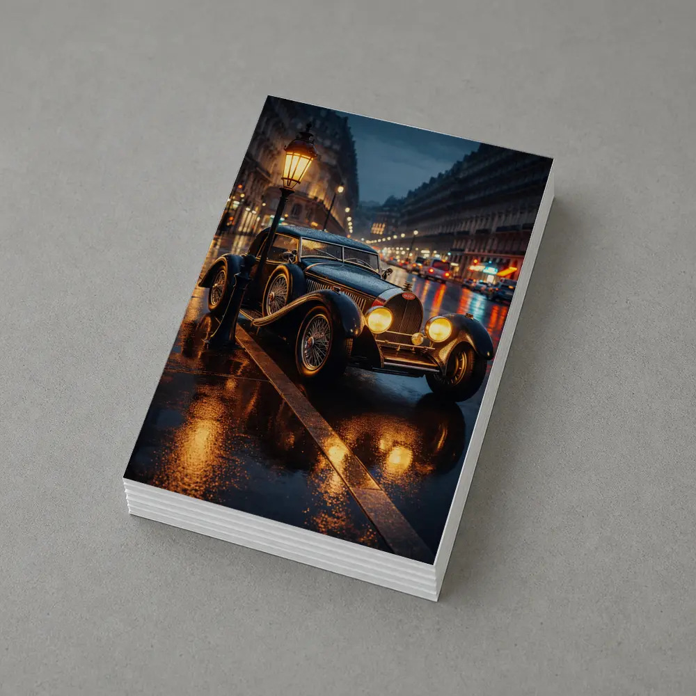Vintage Bugatti Rainy Night City Street – Postcards