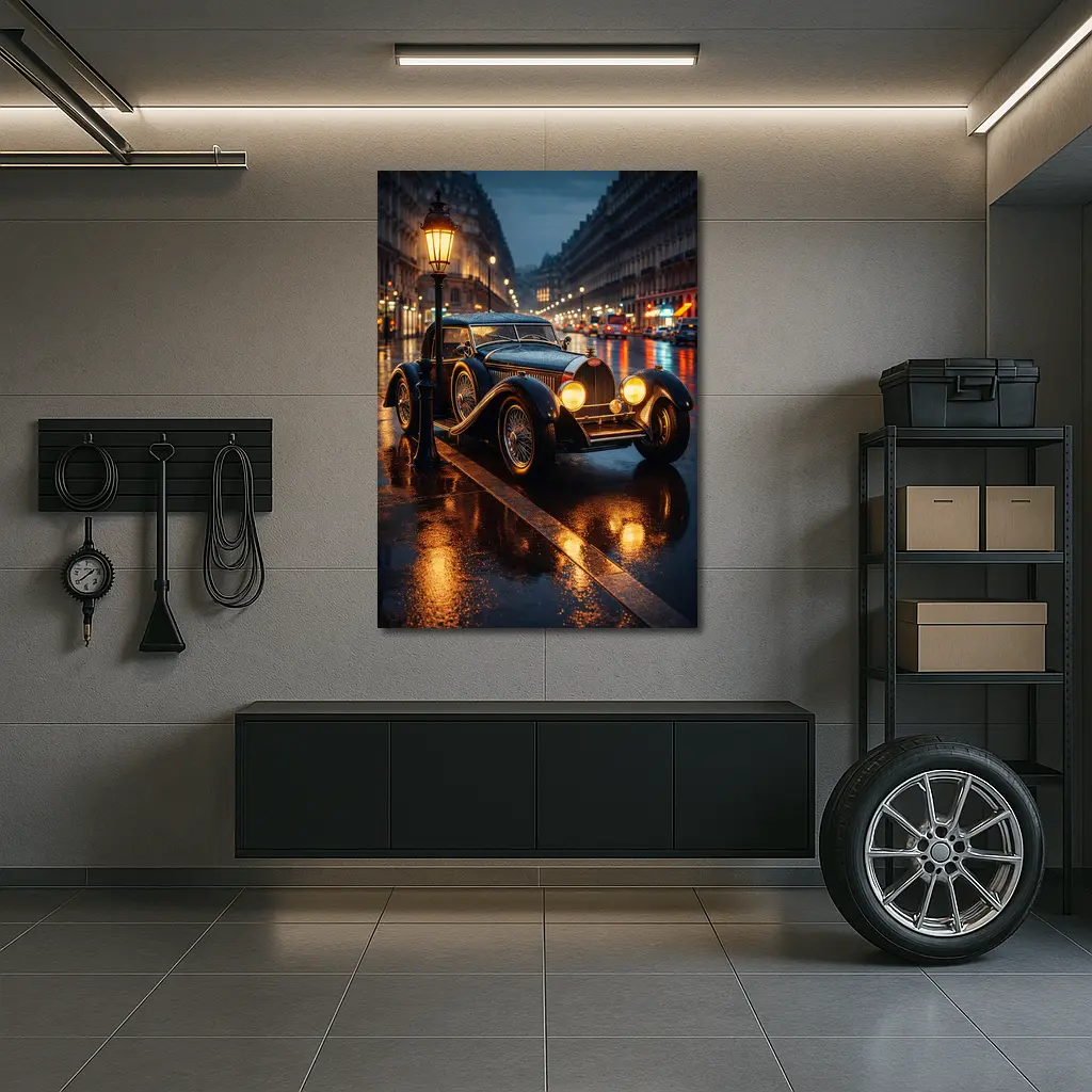 Vintage Bugatti Rainy Night City Street – Wall Art