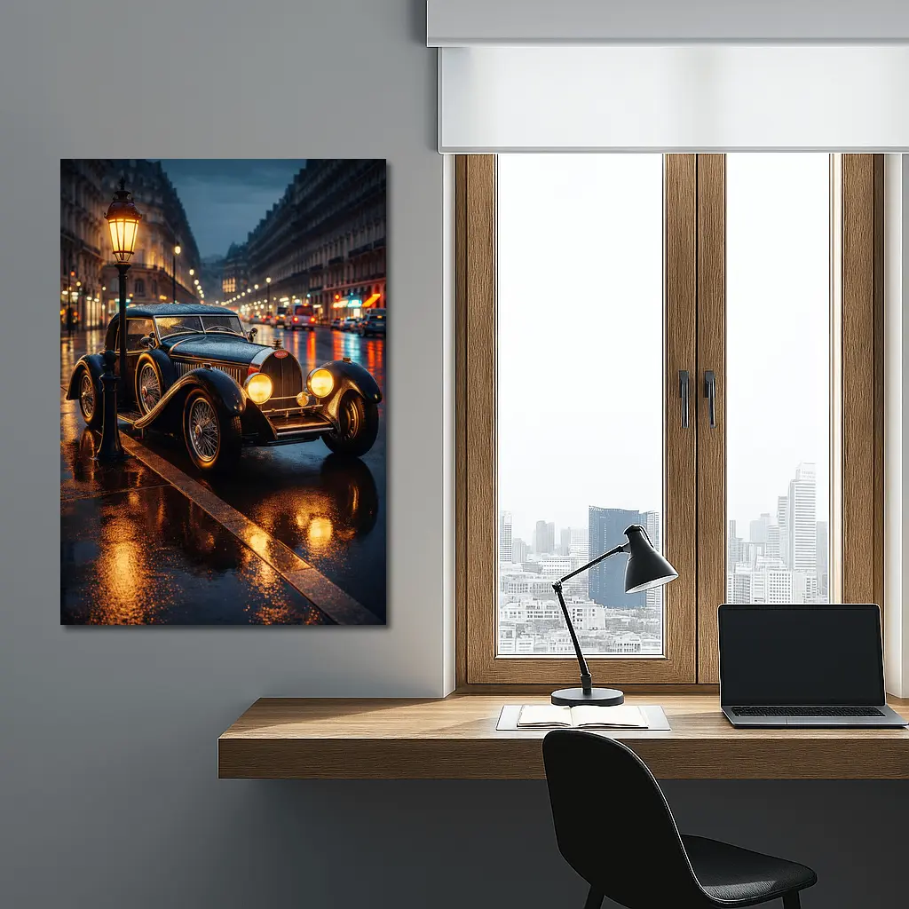Vintage Bugatti Rainy Night City Street – Wall Art
