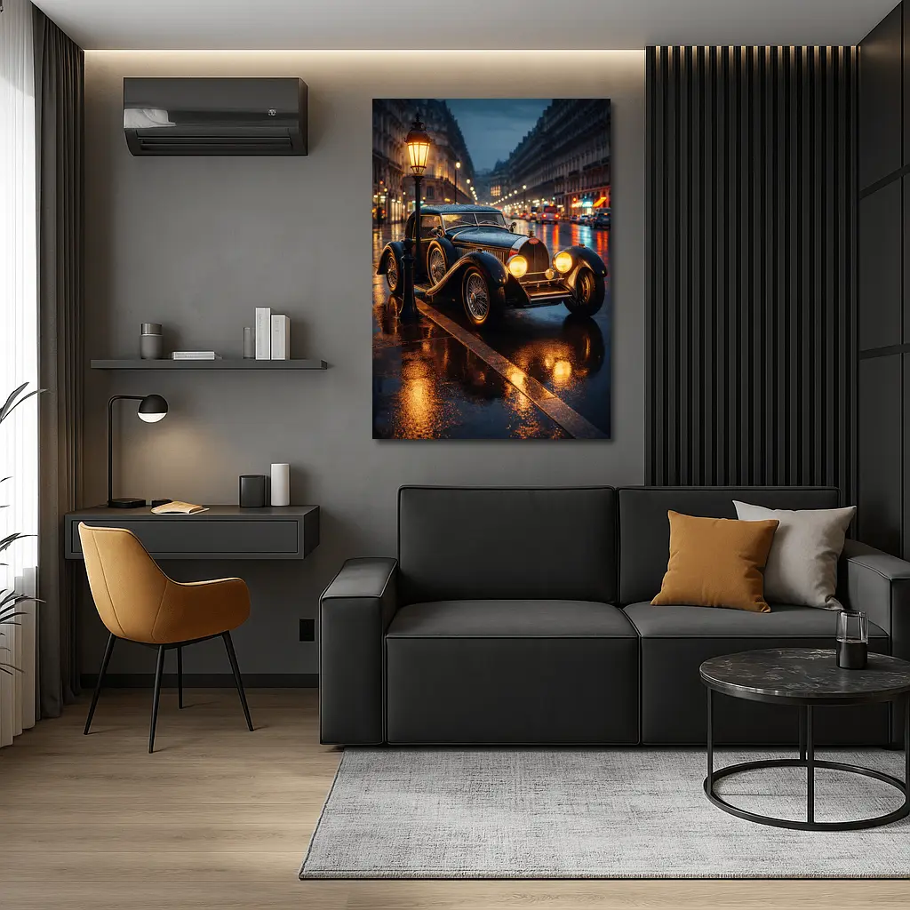 Vintage Bugatti Rainy Night City Street – Wall Art