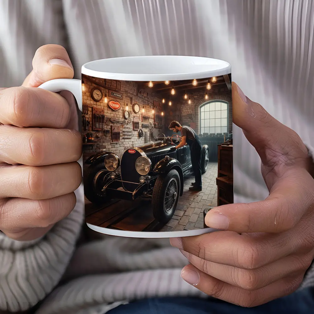Vintage Bugatti Classic Garage Mechanic Scene – Mugs