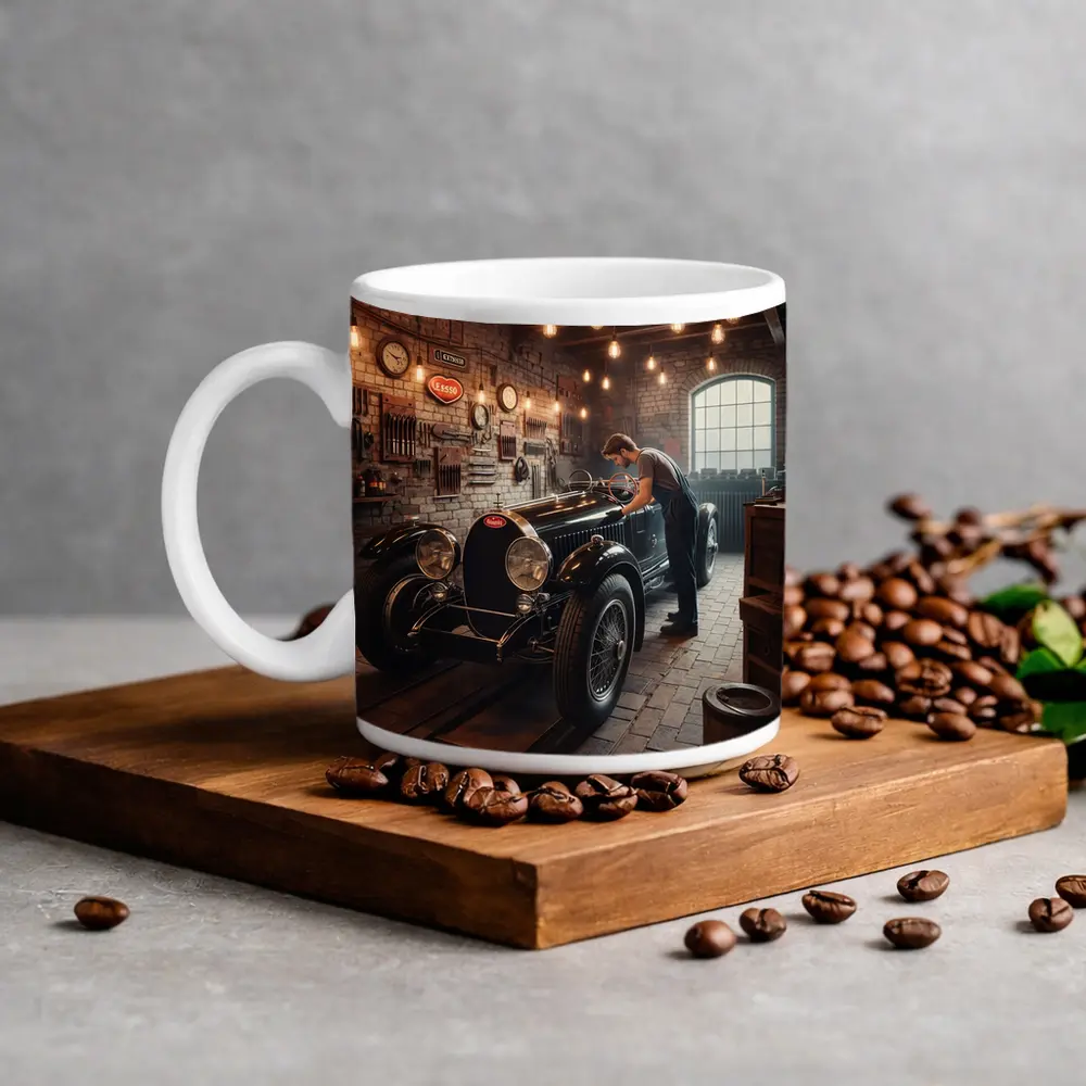 Vintage Bugatti Classic Garage Mechanic Scene – Mugs
