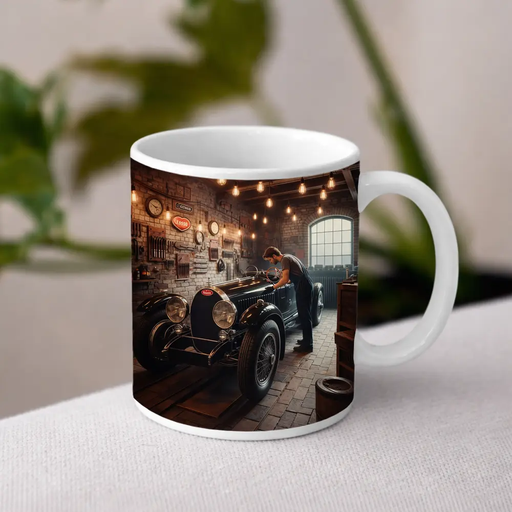 Vintage Bugatti Classic Garage Mechanic Scene – Mugs