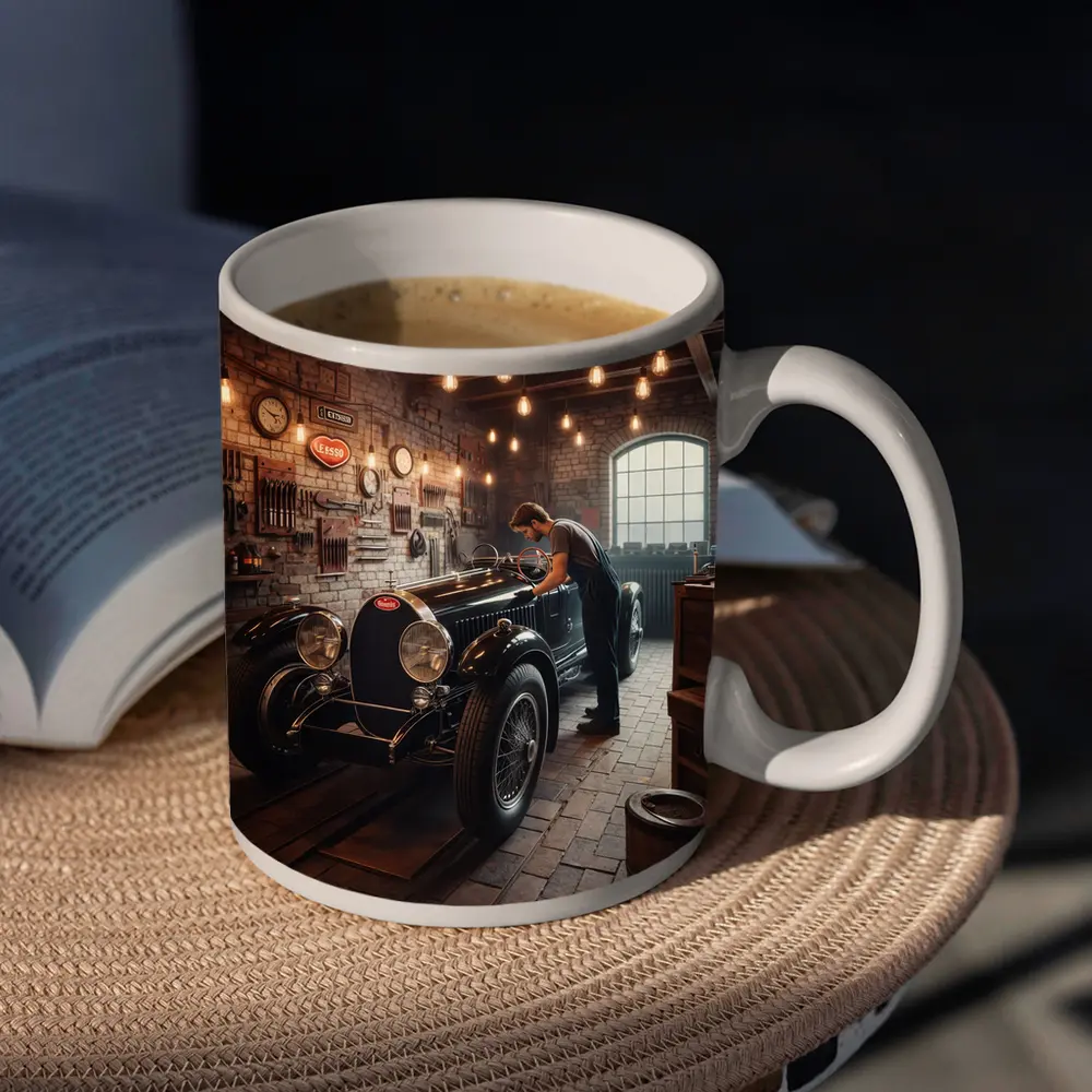 Vintage Bugatti Classic Garage Mechanic Scene – Mugs