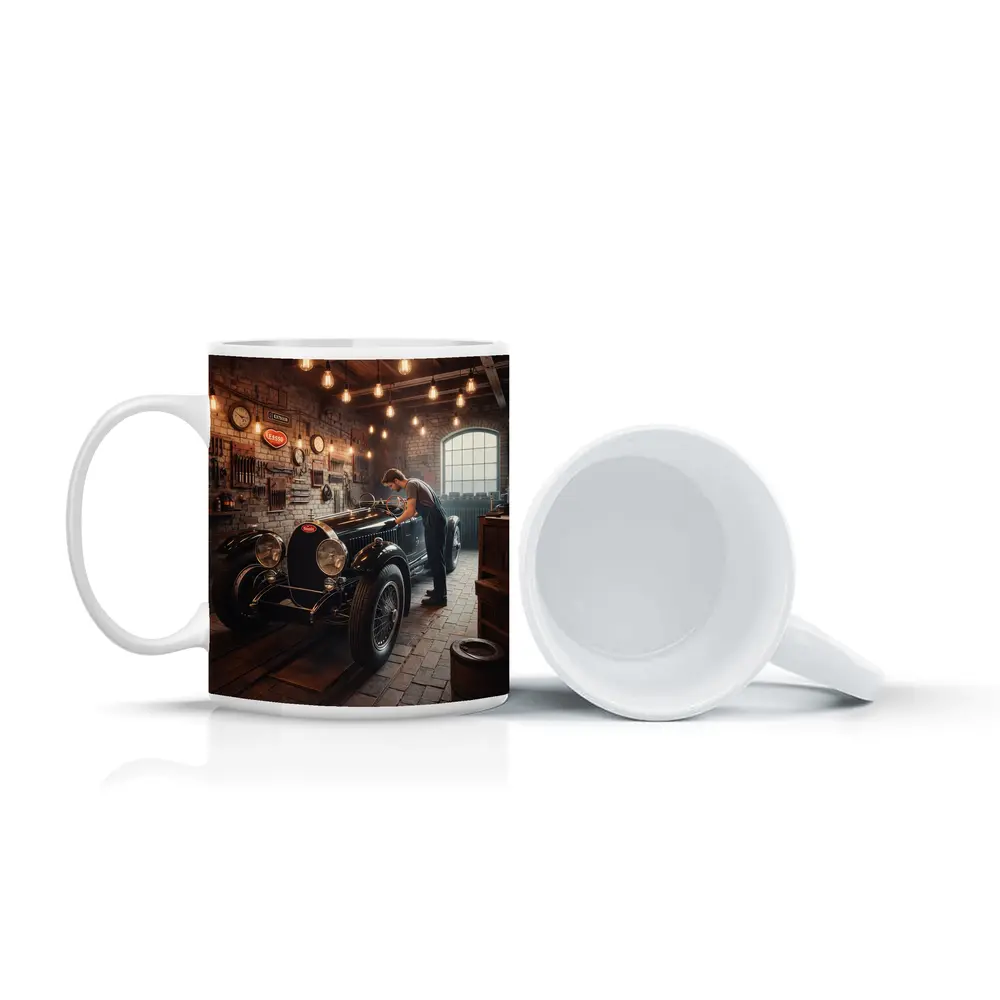 Vintage Bugatti Classic Garage Mechanic Scene – Mugs
