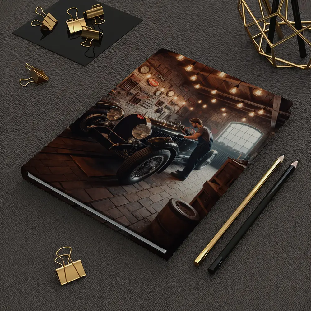 Vintage Bugatti Classic Garage Mechanic Scene – Notebooks