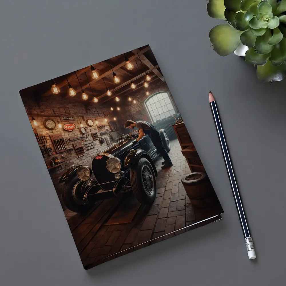 Vintage Bugatti Classic Garage Mechanic Scene – Notebooks