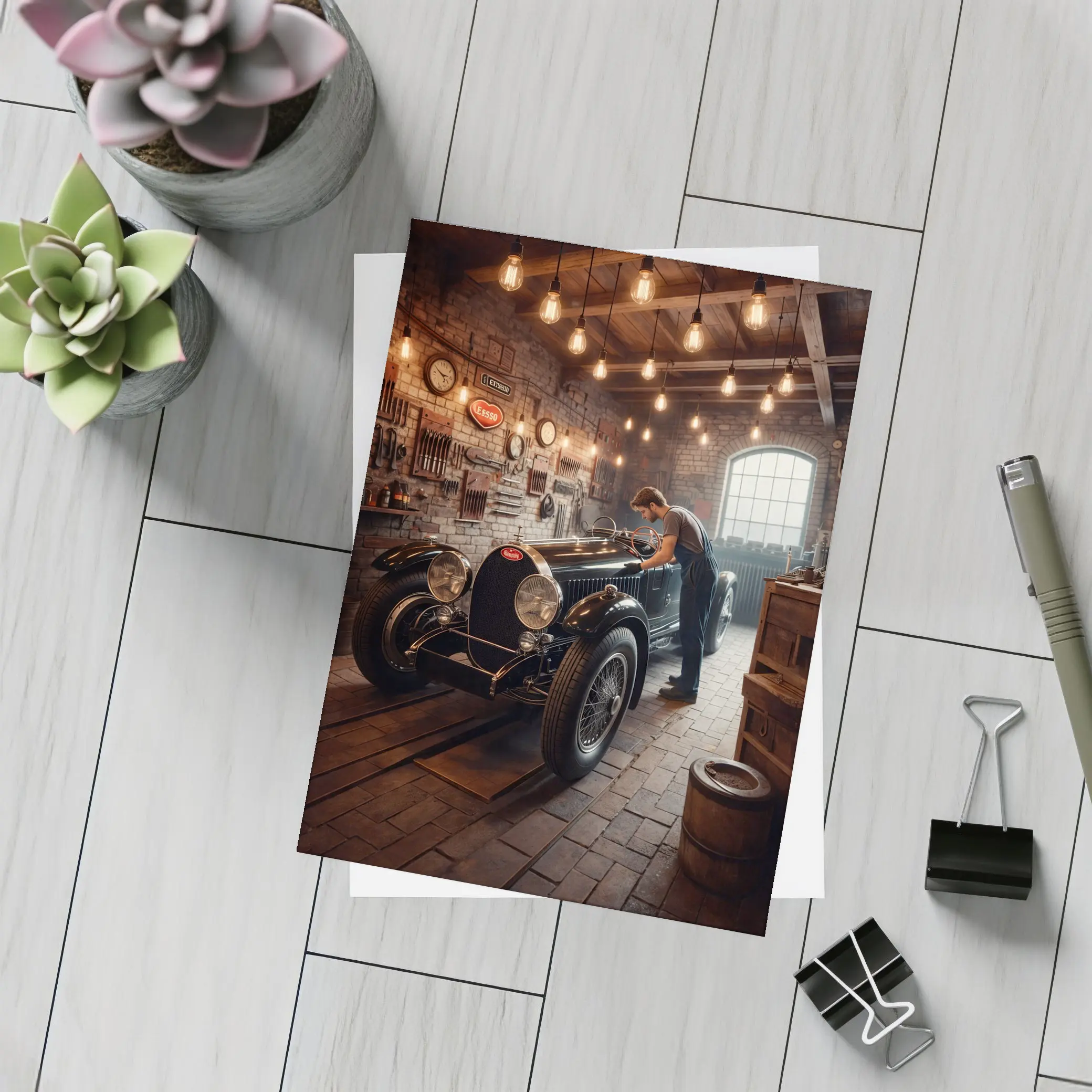 Vintage Bugatti Classic Garage Mechanic Scene – Postcards