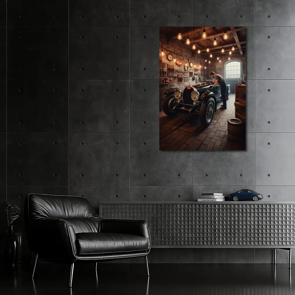 Vintage Bugatti Classic Garage Mechanic Scene – Wall Art