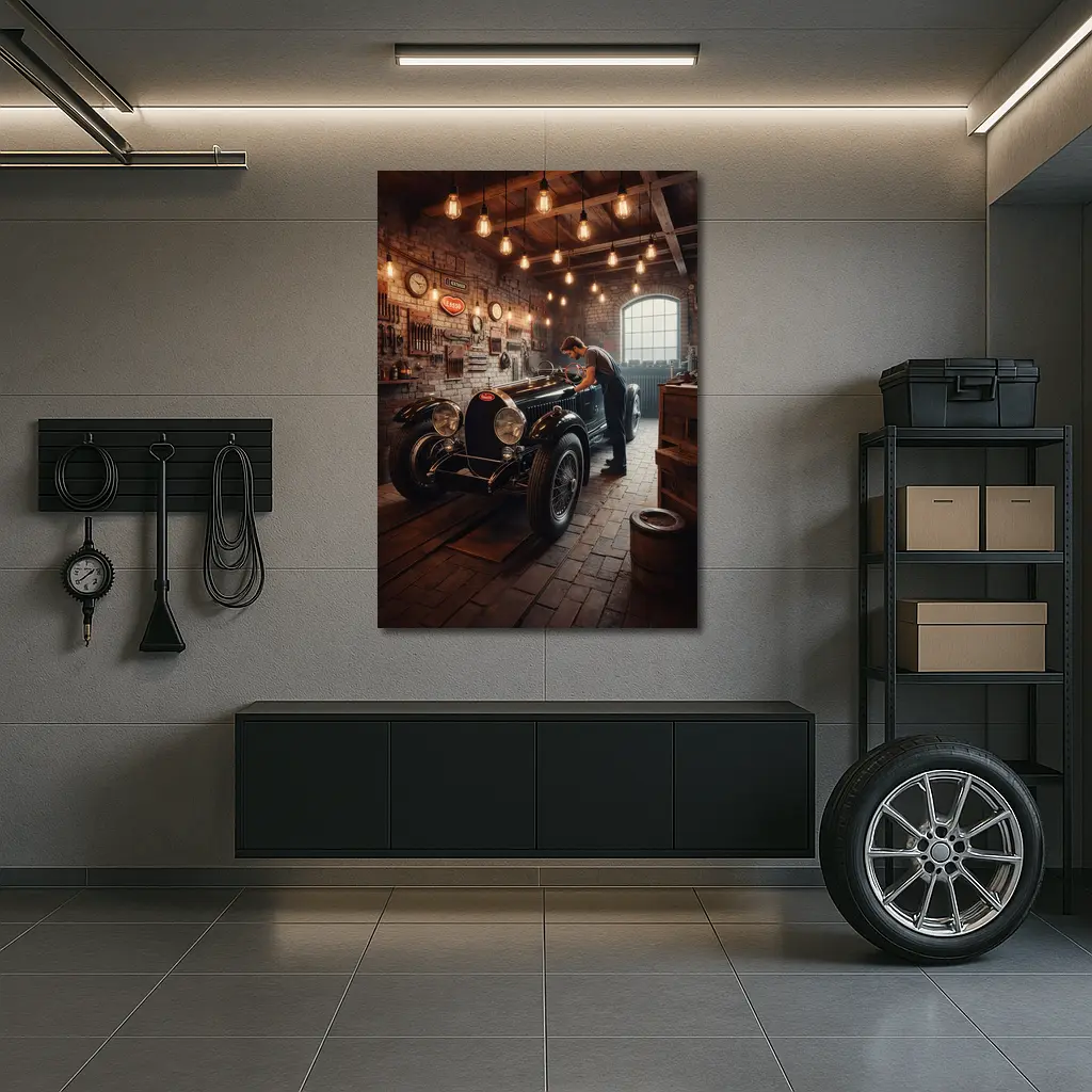 Vintage Bugatti Classic Garage Mechanic Scene – Wall Art