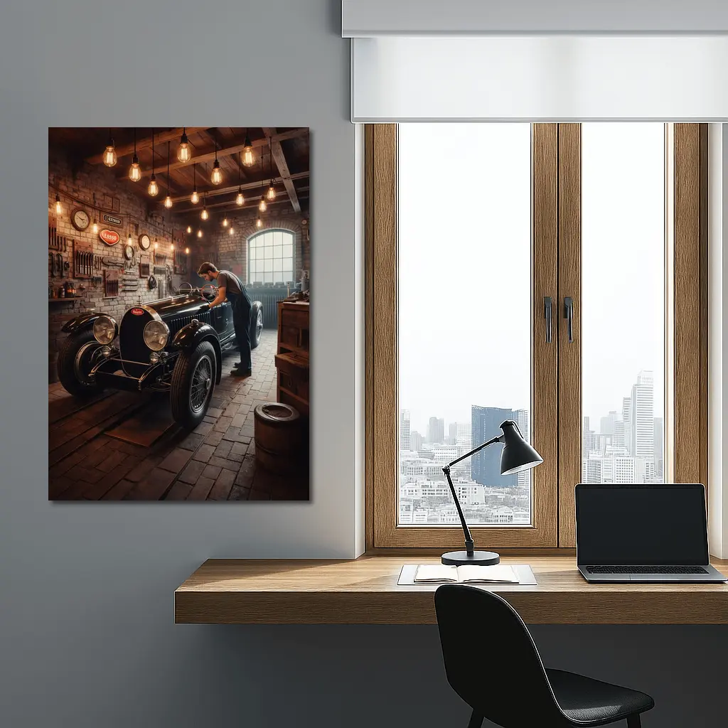 Vintage Bugatti Classic Garage Mechanic Scene – Wall Art