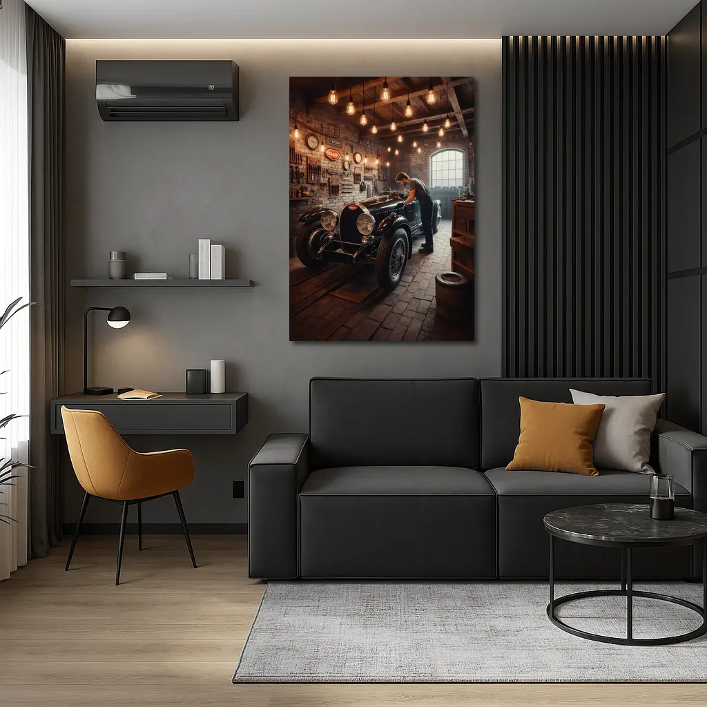 Vintage Bugatti Classic Garage Mechanic Scene – Wall Art