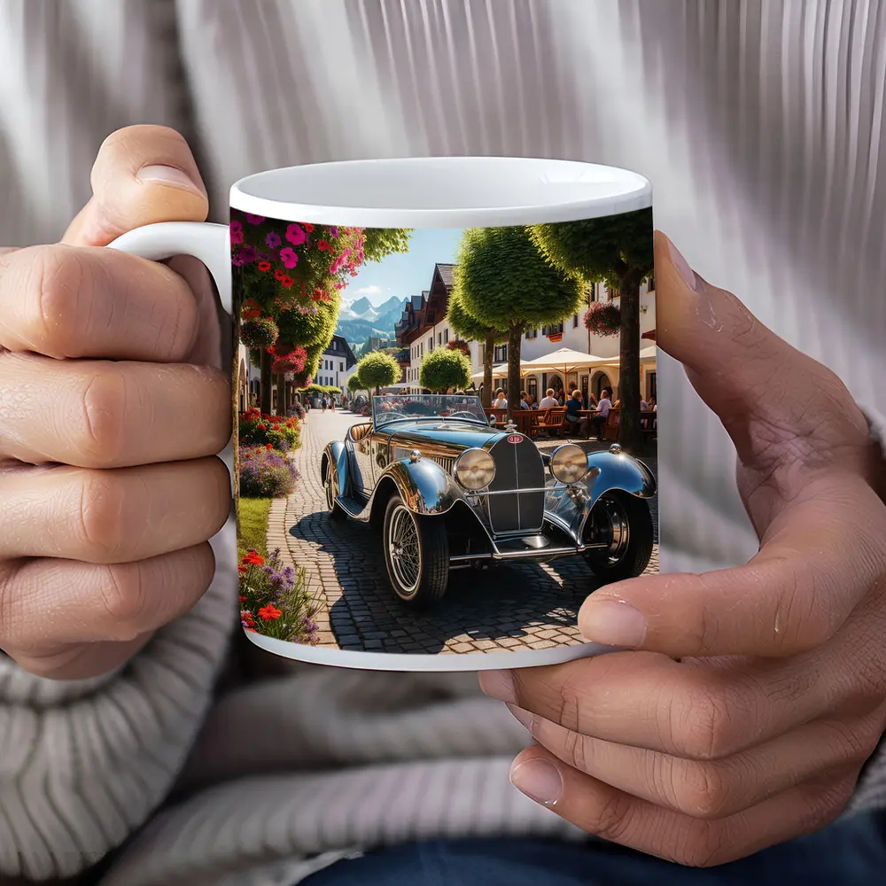 Vintage Bugatti Roadster on Cobblestone European Street – Mugs
