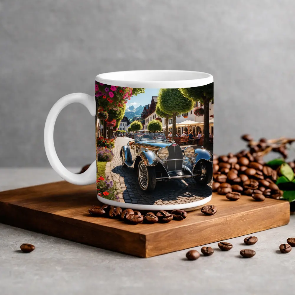 Vintage Bugatti Roadster on Cobblestone European Street – Mugs