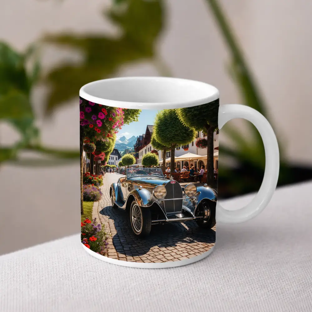Vintage Bugatti Roadster on Cobblestone European Street – Mugs