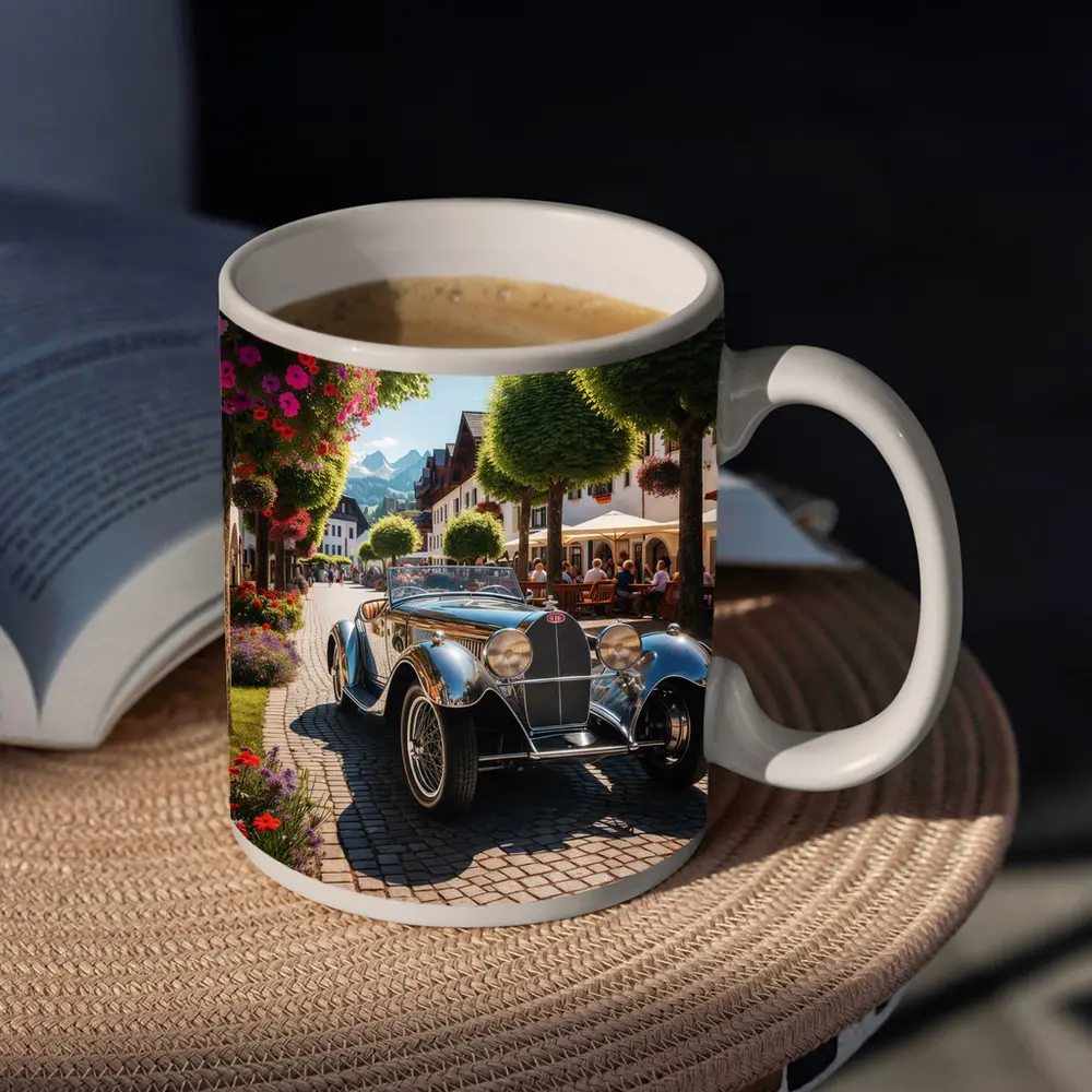 Vintage Bugatti Roadster on Cobblestone European Street – Mugs