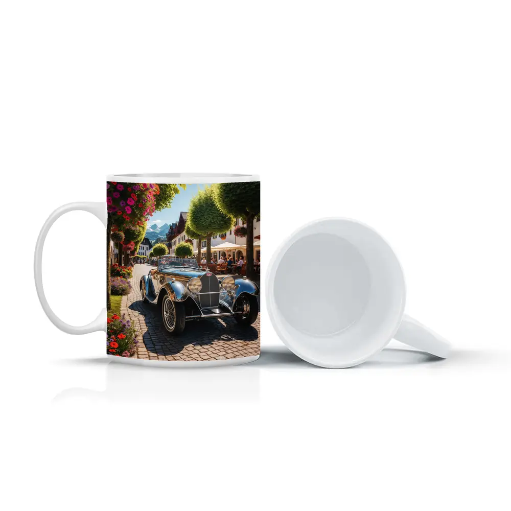 Vintage Bugatti Roadster on Cobblestone European Street – Mugs