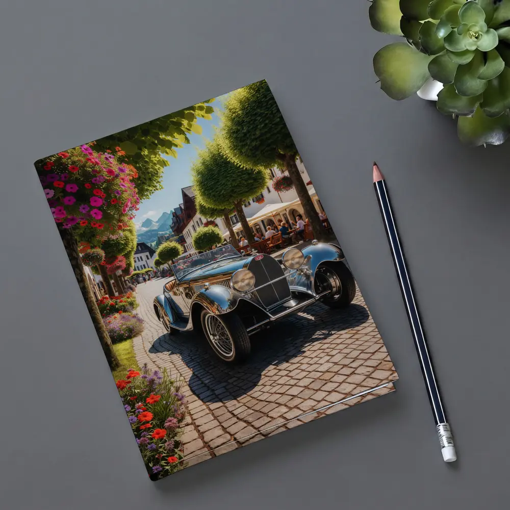 Vintage Bugatti Roadster on Cobblestone European Street – Notebooks