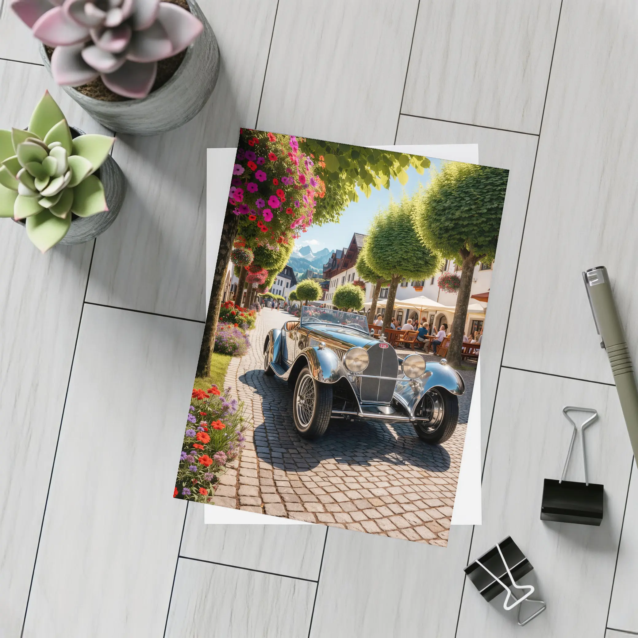 Vintage Bugatti Roadster on Cobblestone European Street – Postcards