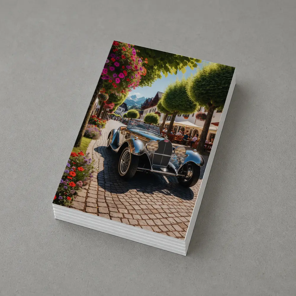 Vintage Bugatti Roadster on Cobblestone European Street – Postcards
