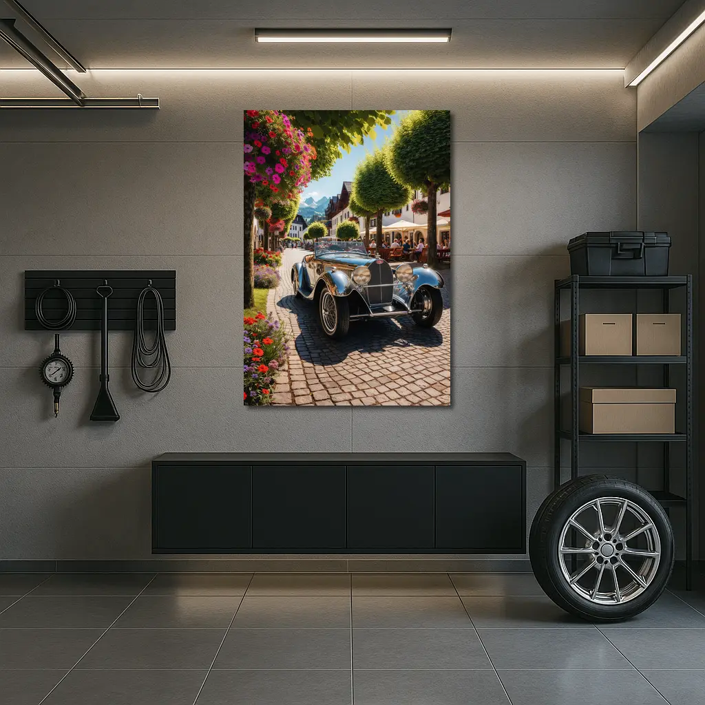 Vintage Bugatti Roadster on Cobblestone European Street – Wall Art